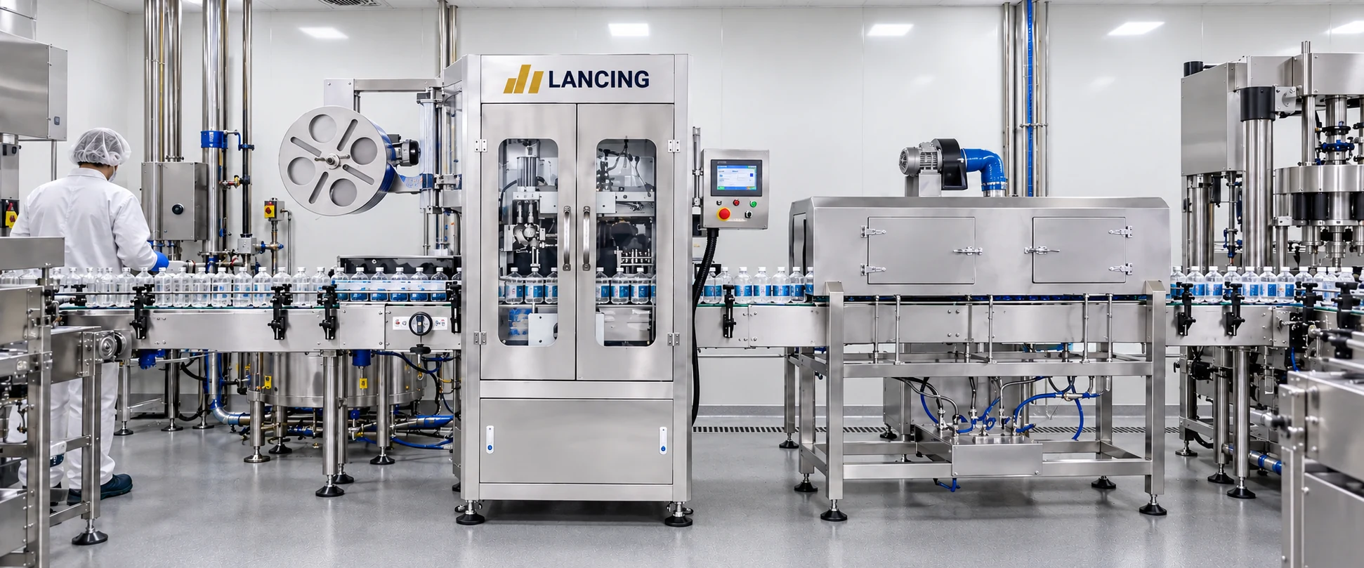 Production scene based on the Lancing enclosed shrink sleeve applicator and tunnel
